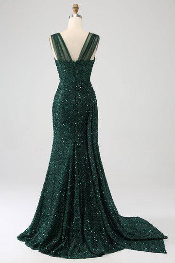 Sparkly Dark Green Sheath Sequin Long Prom Dress With Slit